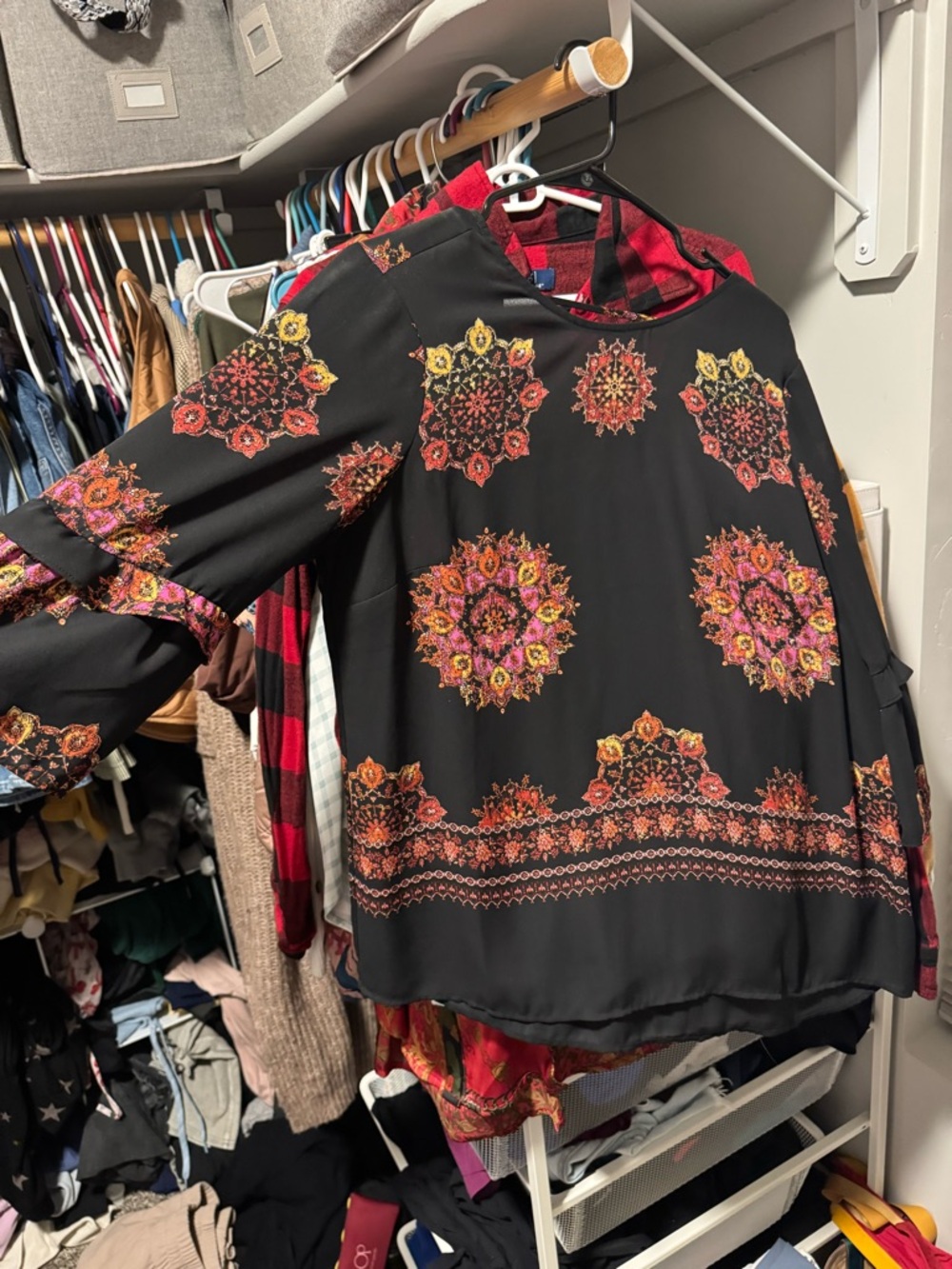 DR2 Black Top with Red and Gold Floral Accents